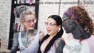 ALT tat BUM SEX threeway with GAPES, handballing, gasping on chisel and spunk on glasses