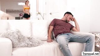 Super-cute TRANSSEXUAL gives buddy a deep throat to strength up