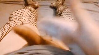 POINT OF VIEW: Femboy in Gothic Fishnets Edges & Kicks her trans femmes hips, girlcock and testicles - Transgirl getting off
