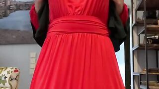 Fatima in red dress and green Khimar