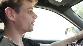 Humungous mounds tgirl Blake Nice hitchhikes with she-creature weenie out