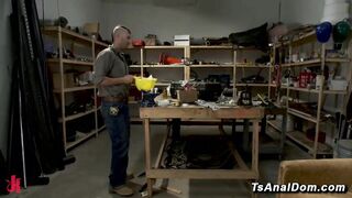 Paris Blonde Trans Fucks Tattooed Male Sub Bound Anal In Workshop Couch