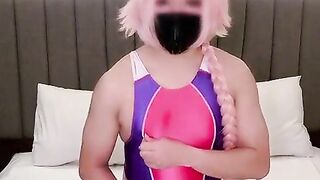astolfo femboy kneads and finishes off in glistening bikini