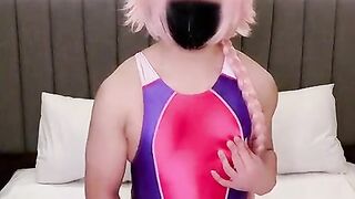 astolfo femboy kneads and finishes off in glistening bikini