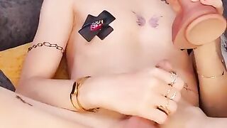 Magnificent tgirl cuming bare while seting on ample faux-cock