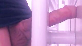 Drilling and Jizzing on Towel Dryer with 8" She-male Man-meat
