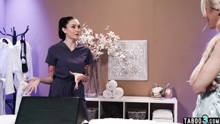 Curious MILF masseus Charlotte Sins cant resist her shemale clients cock