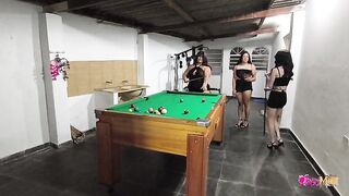 three kinky fucksluts toying billiards